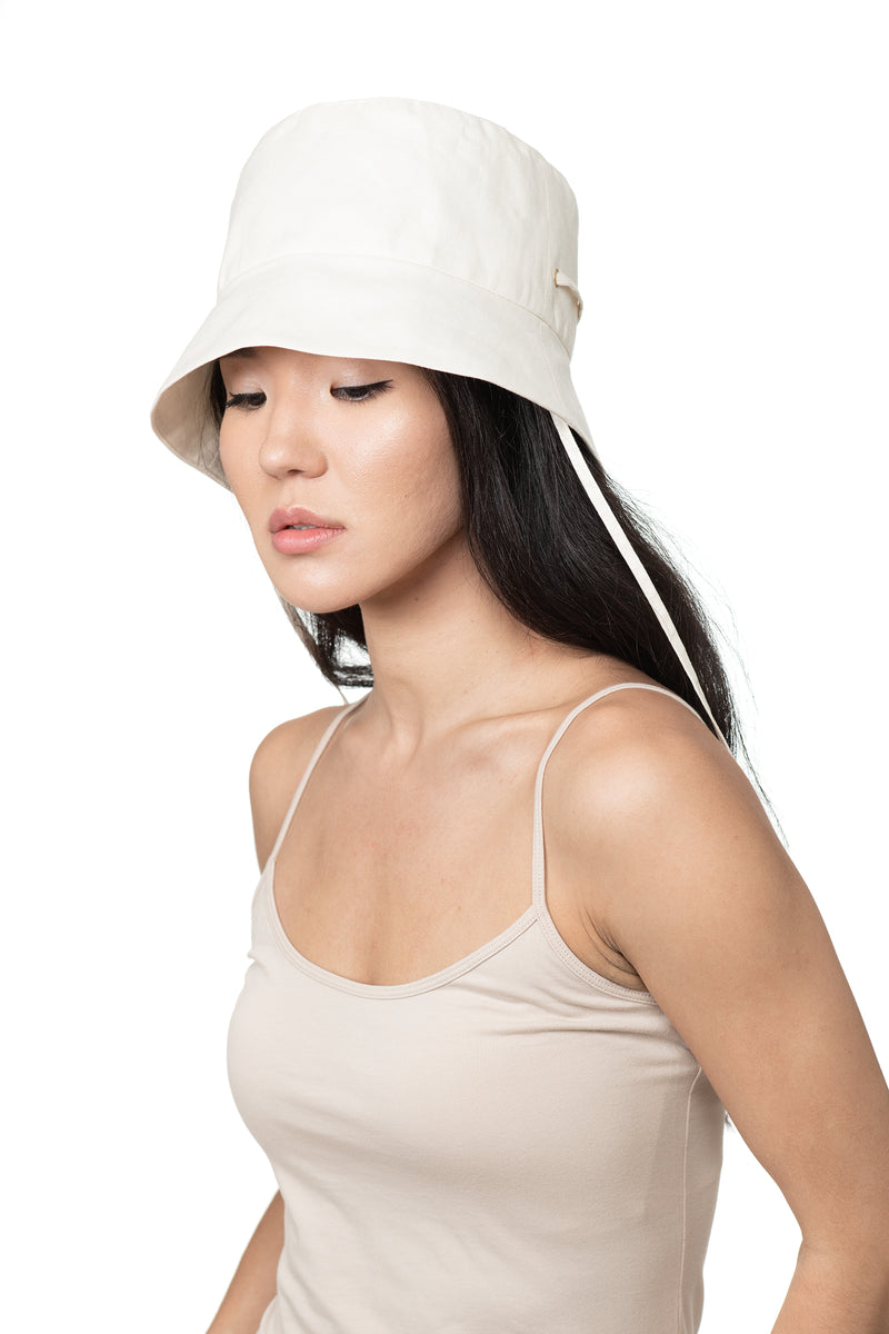White Linen Bucket Hat Front 1